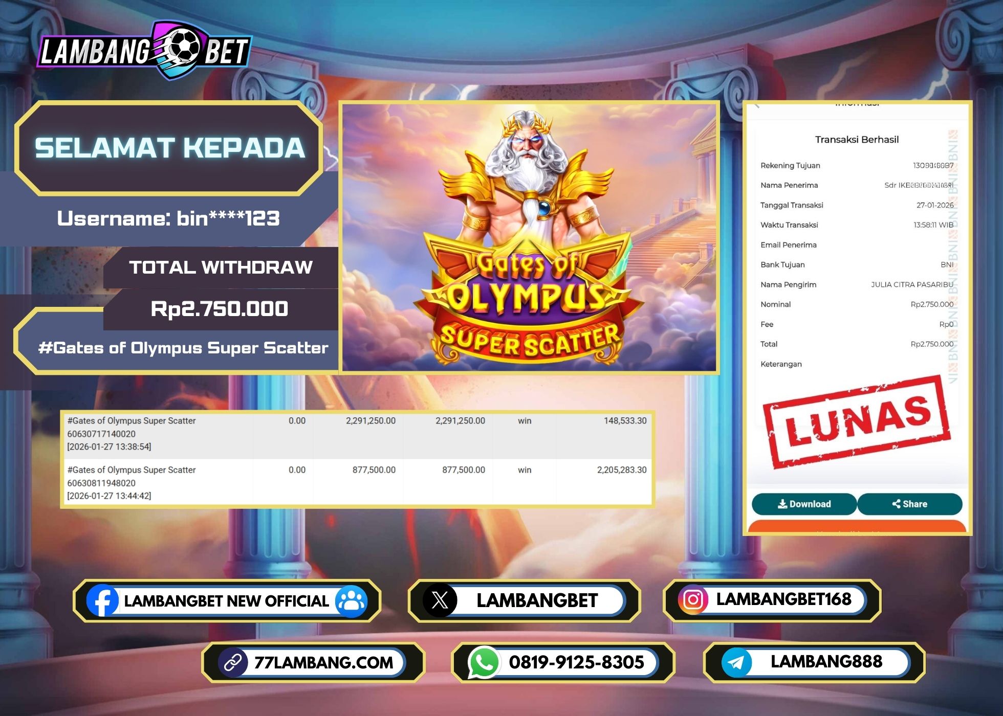 LAMBANGBET [27 JANUARI 2026] JACKPOT SLOT Gates of Olympus Super Scatter "Rp2.750.000" LUNAS